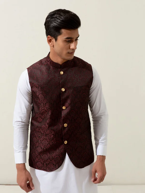 Burgundy & Black Floral Patterned Waistcoat