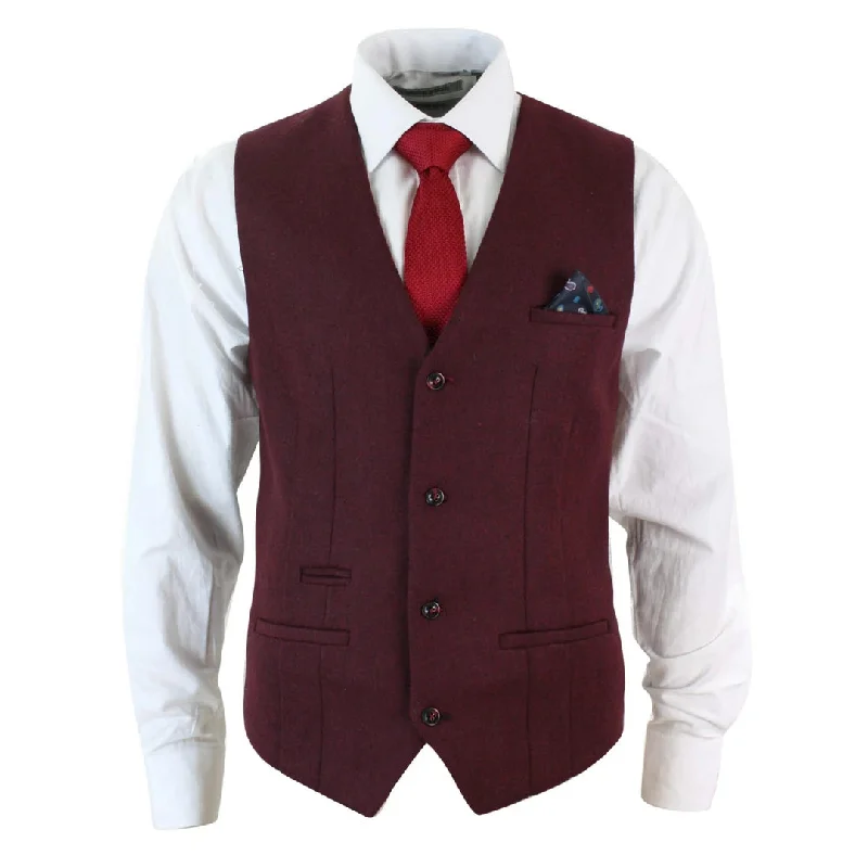 Men's Burgundy Maroon Black Herringbone Tweed Waistcoat