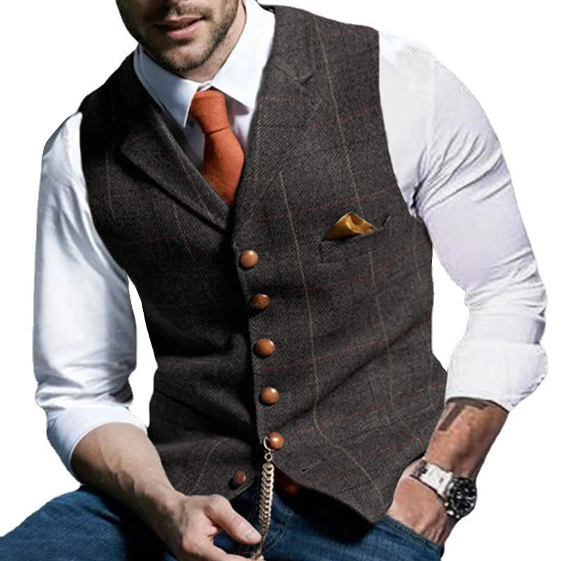 Men's Vintage Check Lapel Groomsmen Suit Vest 57272874M