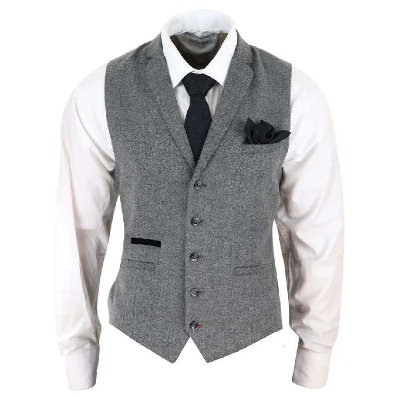 Martez - Men's Waistcoat Wool Herringbone Tweed Dark Grey Formal Classic 1920s Tailored