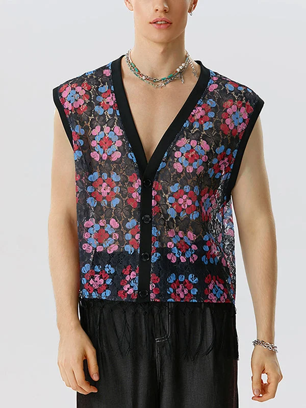 Mens Windowpane Pattern Lace Fringe Hem Waistcoat SKUK12328