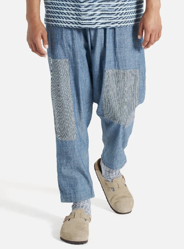 Universal Works Patched Pleated Track Pant in Indigo Chambray/Hickory Stripe Denim