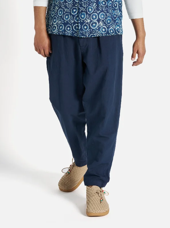 Universal Works Pleated Track Pant in Navy Linen Slub Weave