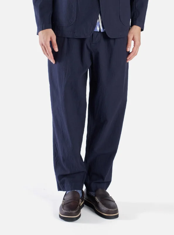 Universal Works Pleated Track Pant in Navy Seersucker II