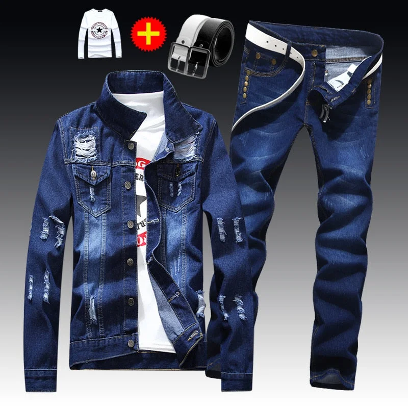 Men's Denim Jacket Pants Single Breasted Holes Casual Suit