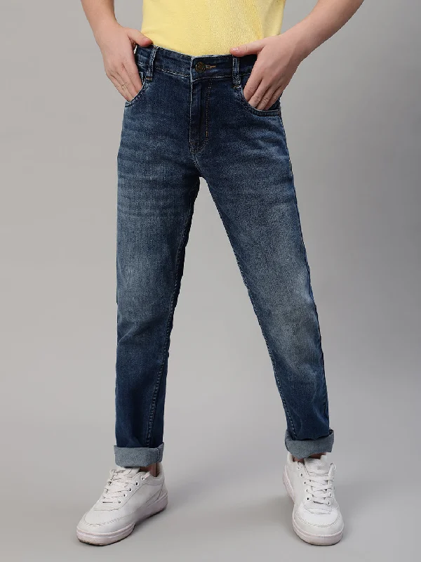 Boy's Dark Blue Solid Stretchable Jeans