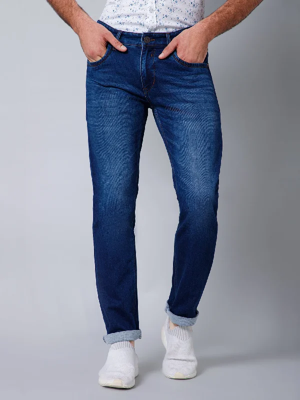 Cantabil Cotton Denim Flat Front Mid Rise Full Length Regular Fit Blue Solid Casual Jeans For Men