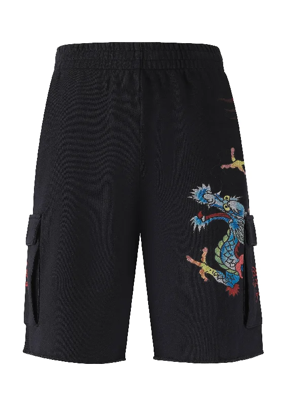 Mens Crawling Dragon Sweat Cargo Shorts - Black