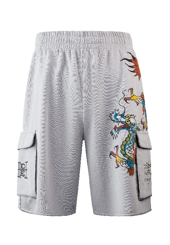 Mens Crawling Dragon Sweat Cargo Shorts - Grey