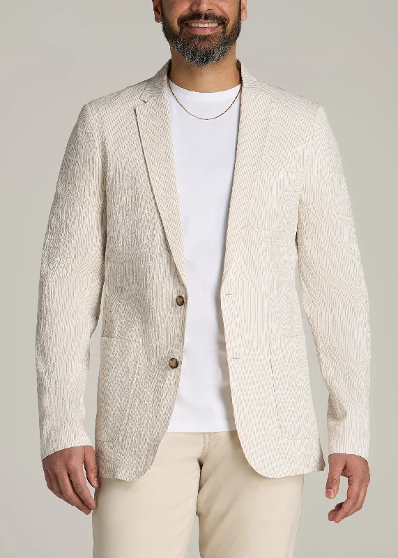 Stretch Seersucker Blazer for Tall Men in Off White and Beige Stripe