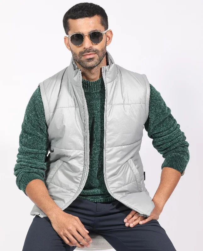 Rare Rabbit Men's Colson Light Grey Quilted High Neck Sleeveless Puffer Jacket