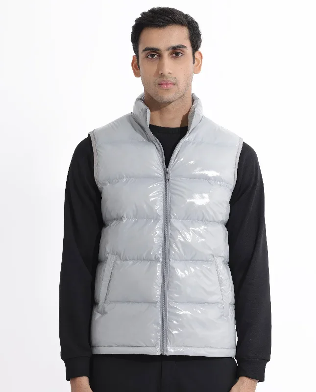 Rare Rabbit Men's Cover Light Grey Metallic High Neck Quilted Puffer Jacket