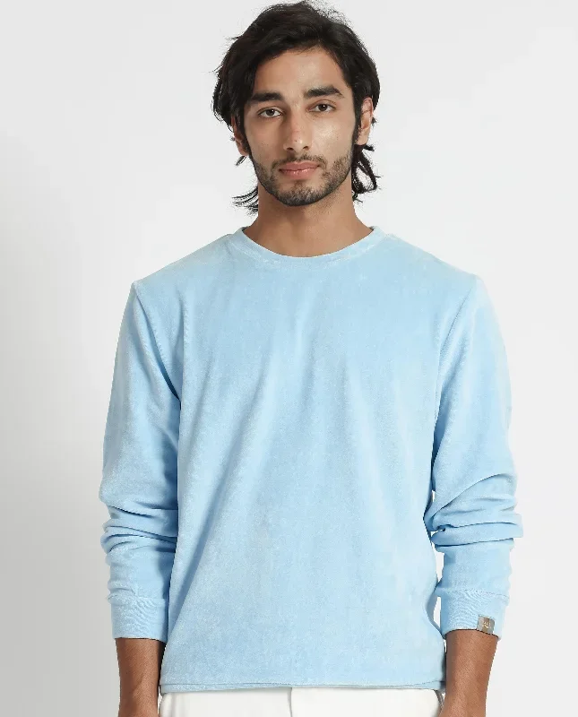 Rare Rabbit Mens Dube Blue Cotton Polyester Vellore Velvet Fabric Round Neck Full Sleeves Comfortable Fit Knitted Sweatshirt