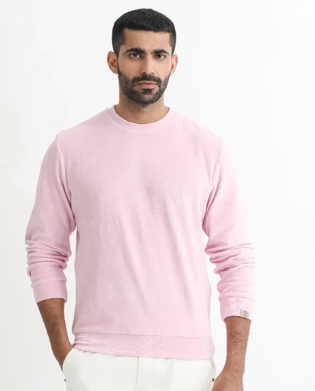 Rare Rabbit Mens Dube Pink Cotton Polyester Vellore Velvet Fabric Round Neck Full Sleeves Comfortable Fit Knitted Sweatshirt