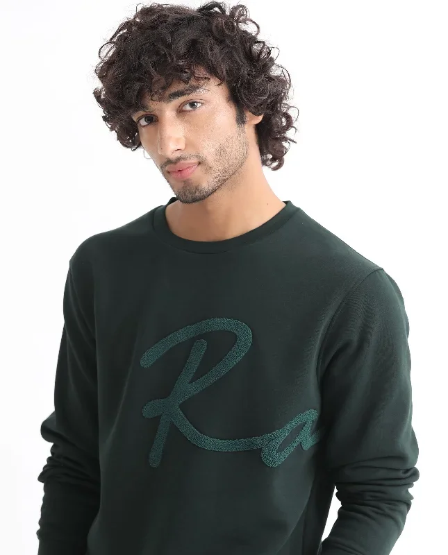 Rare Rabbit Men's East Dark Green Cotton Polyester Fabric Full Sleeves Towel Embroidery Branding Sweatshirt