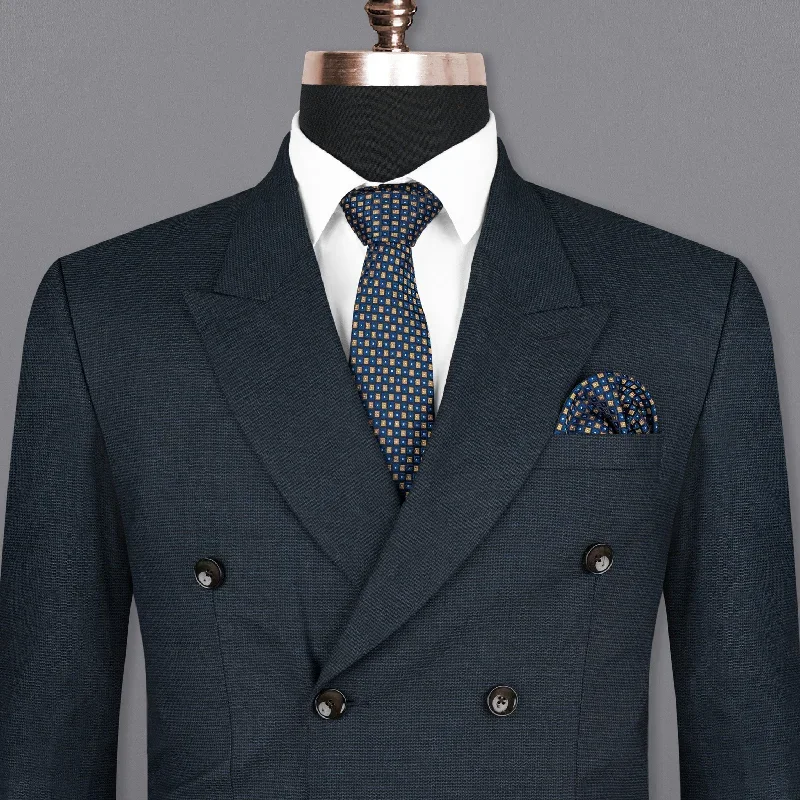 Ebony Clay Blue houndstooth Wool Rich Double Breasted Blazer