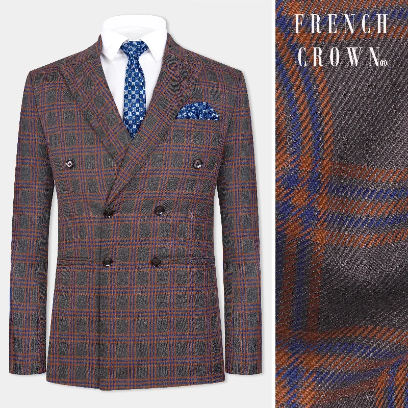 Emperor Gray and Russet Brown Plaid Tweed Double Breasted Blazer