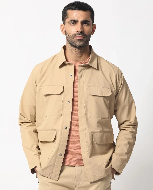 Rare Rabbit Men's Feliu Light Beige Plain Multi Pocket Utility Jacket