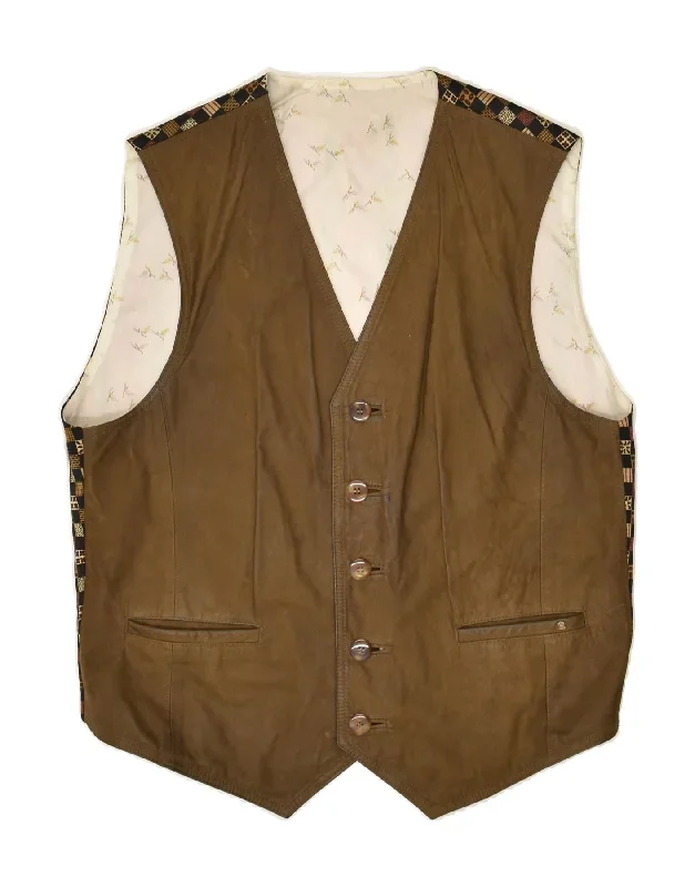 FERKINGHOFF Mens Leather Waistcoat Medium Brown Geometric