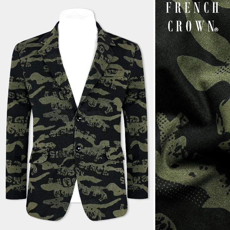 Jade Black and Woodland Green Printed Premium Cotton Single-Breasted Blazer