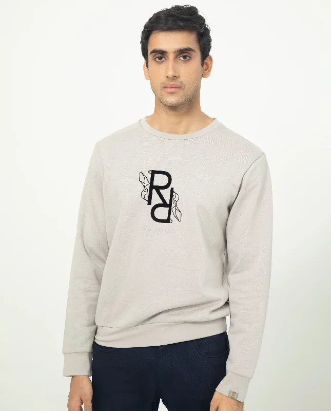 Rare Rabbit Mens Lucien Grey Cotton Polyester Fabric Full Sleeves Graphic Printed Logo Knitted Sweatshirt