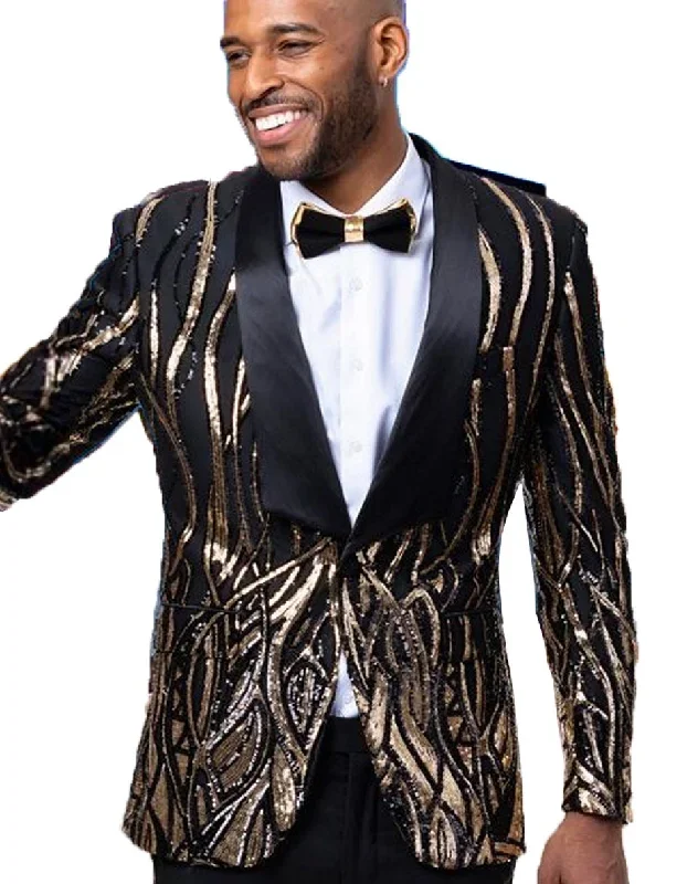 Mens Black & Gold Paisley Sequin Blazer Tuxedo