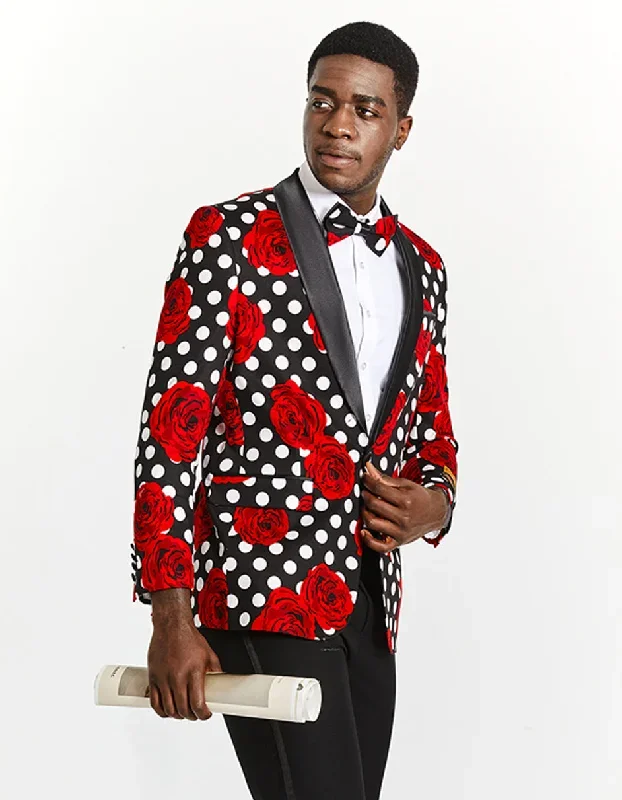 Mens Black & White Polka Dot Prom Tuxedo Blazer with Red Roses