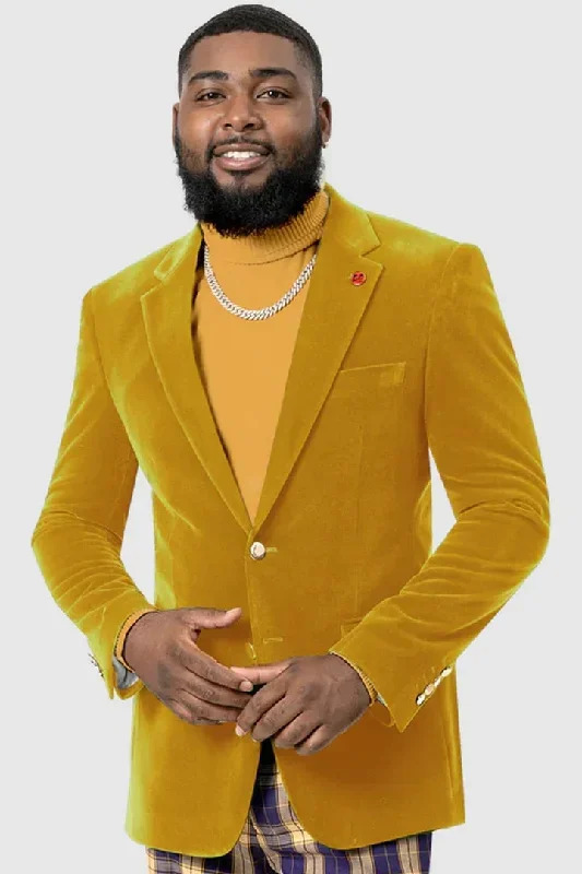 Mens Blazer - Cheap Priced Mens Sport Coat - Mens Two Button Modern Fit Velvet Blazer In Mustard