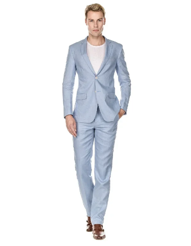 Mens Modern Fit Linen Wedding Suit Light Blue