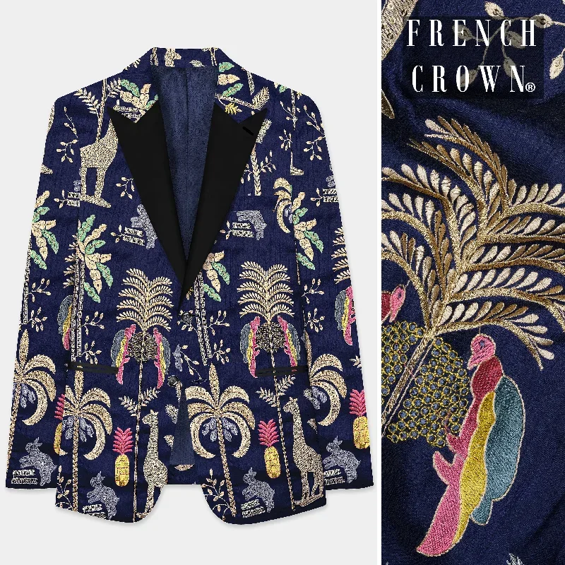 Midnight Blue Tropical Embroidered Jungle Printed Peak Collar Tuxedo Blazer