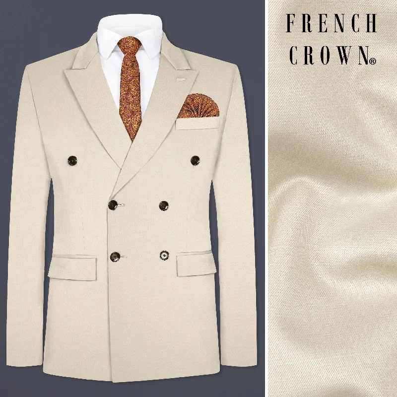 Moon Mist Cream Solid Wool Blend Double Breasted Blazer