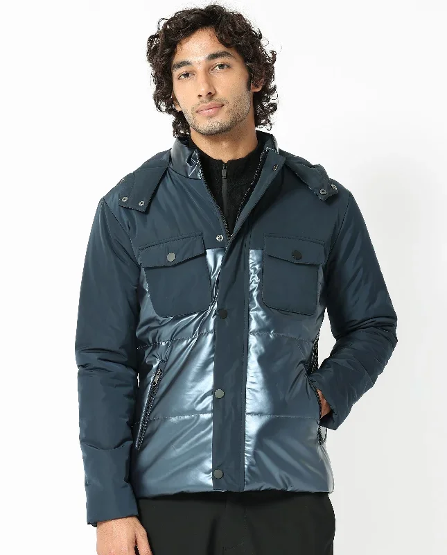 Rare Rabbit Men's Ragon Dark Blue Two-Tone With Detachable Hood Metallic Jacket