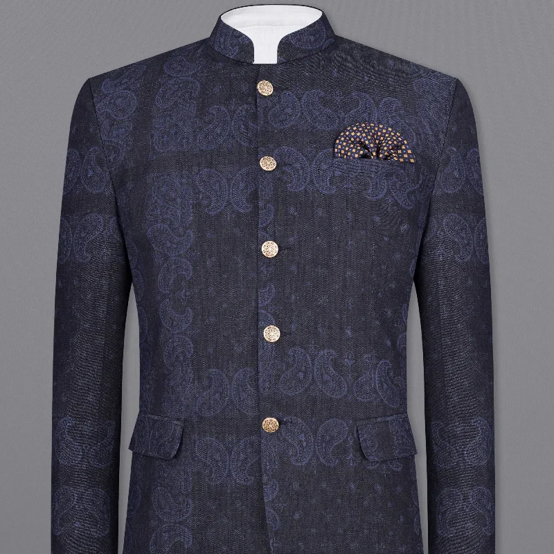 Shark Navy Blue with Comet Blue Paisley Textured Denim Designer Bandhgala Indo-Western Blazer