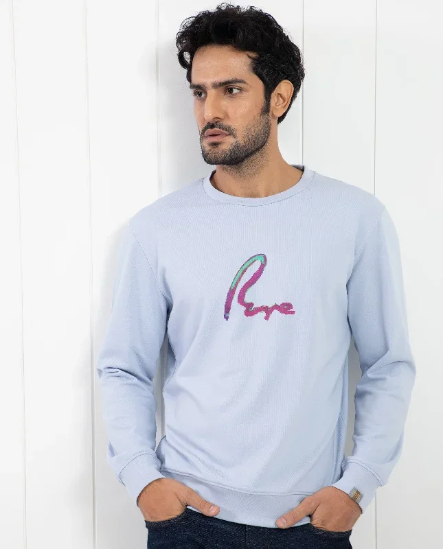 Rare Rabbit Men's Toon Light Blue Cotton Polyester Fabric Full Sleeves Graphic Signature Print Knitted Sweatshirt