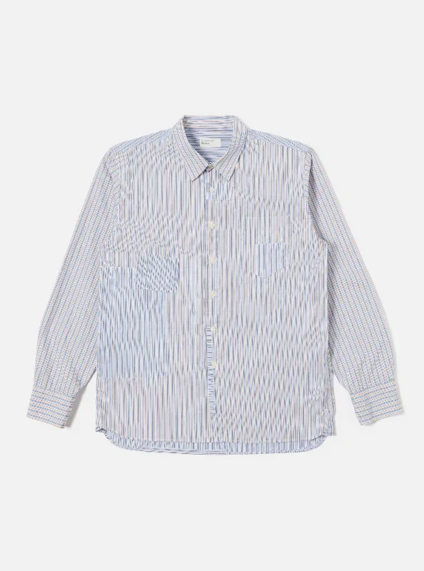 Universal Works Patched Shirt in Blue Busy Stripe Cotton