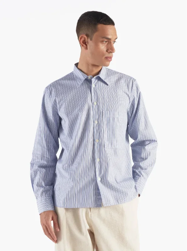 Universal Works Square Pocket Shirt in Blue/Navy Busy Stripe Cotton