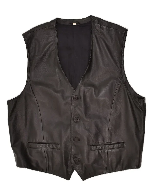 VINTAGE Mens Leather Waistcoat EU 56 XL Black Leather