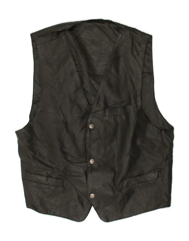 VINTAGE Mens Leather Waistcoat IT 54 XL Black Leather