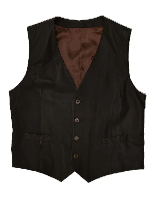 VINTAGE Mens Leather Waistcoat IT 56 3XL Brown Leather