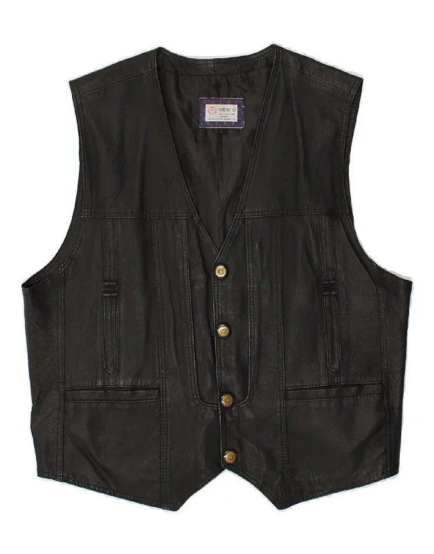 VINTAGE Mens Leather Waistcoat Large Black Leather