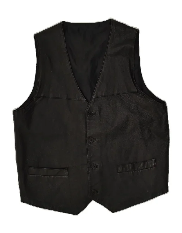 VINTAGE Mens Leather Waistcoat Medium Black Leather