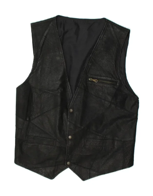 VINTAGE Mens Leather Waistcoat Medium Black