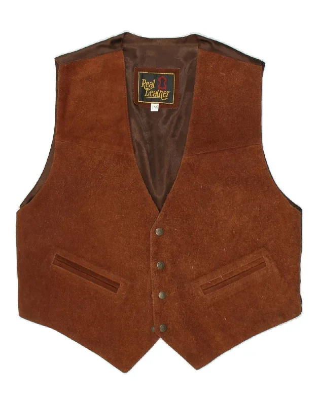 VINTAGE Mens Leather Waistcoat Medium Brown Leather