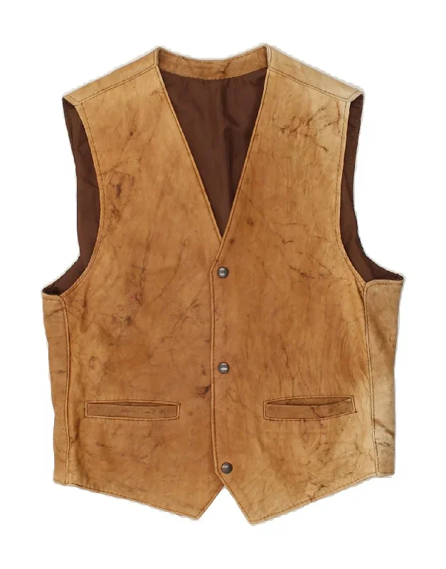 VINTAGE Mens Leather Waistcoat Small Brown