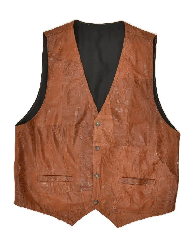 VINTAGE Mens Leather Waistcoat UK 40 Large Brown Floral Leather