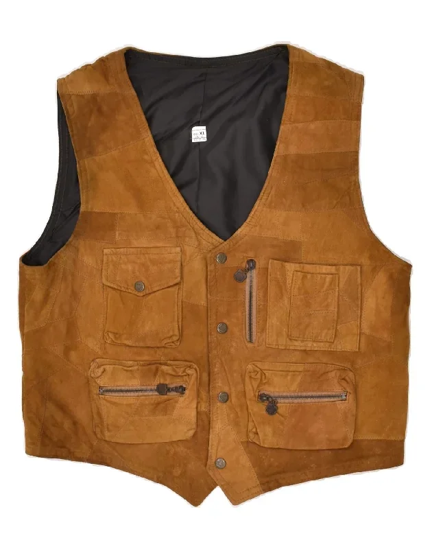 VINTAGE Mens Leather Waistcoat XL Brown