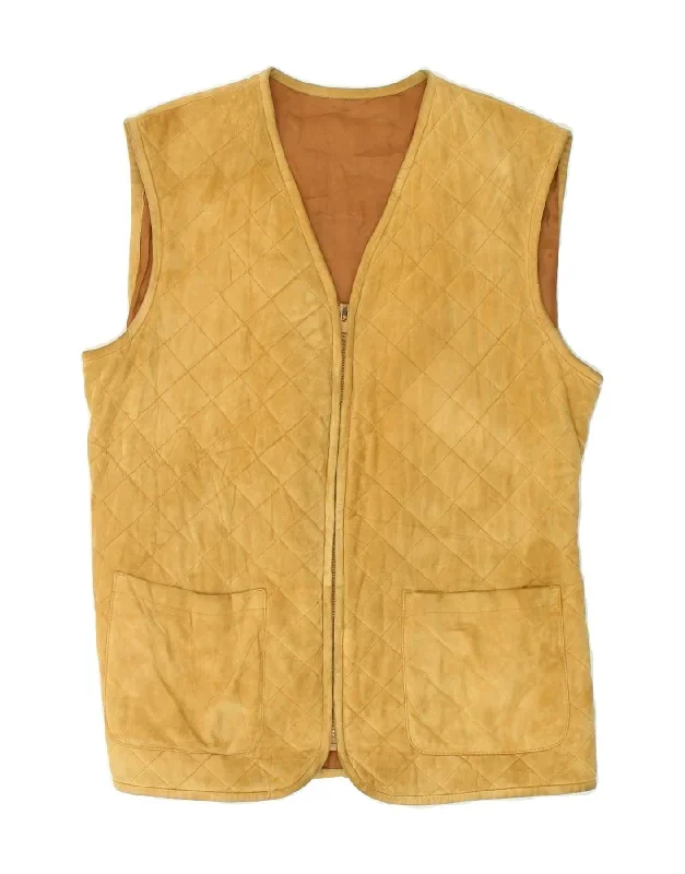 VINTAGE Mens Suede Quilted Gilet UK 38 Medium Beige Leather