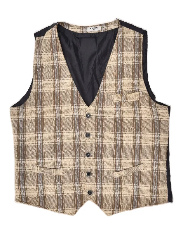 VINTAGE Mens Waistcoat IT 54 XL Beige Check Cotton