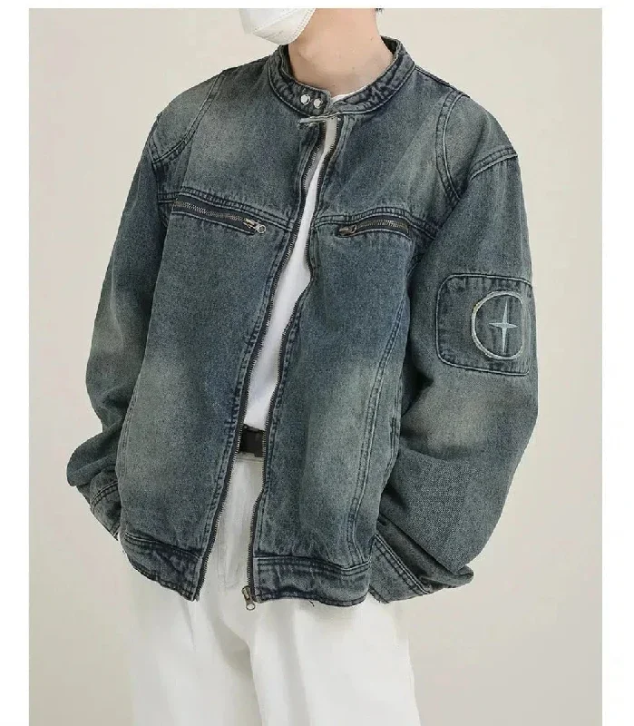 Zip Washed Stand Collar Denim Jacket